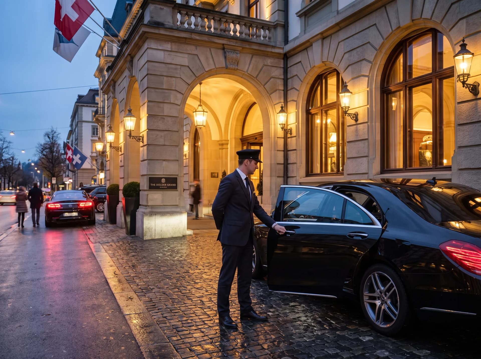 Chauffeur holding the door of a black sedan in front of a luxury hotel in Zurich
